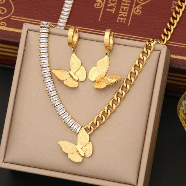 Fashionable butterfly charm asymmetric stainless steel necklace set