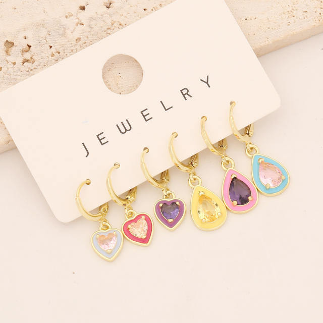 6pcs color enamel rainbow cubic zircon copper huggie earrings set