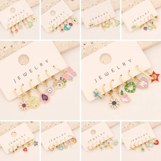 6pcs color enamel rainbow cubic zircon copper huggie earrings set