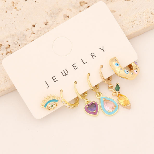 6pcs color enamel rainbow cubic zircon copper huggie earrings set