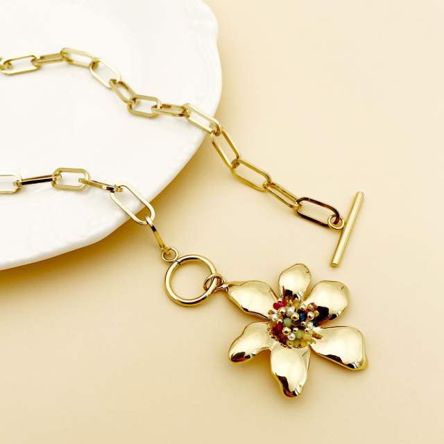 Occident fashion flower charm stainless steel toggle necklace