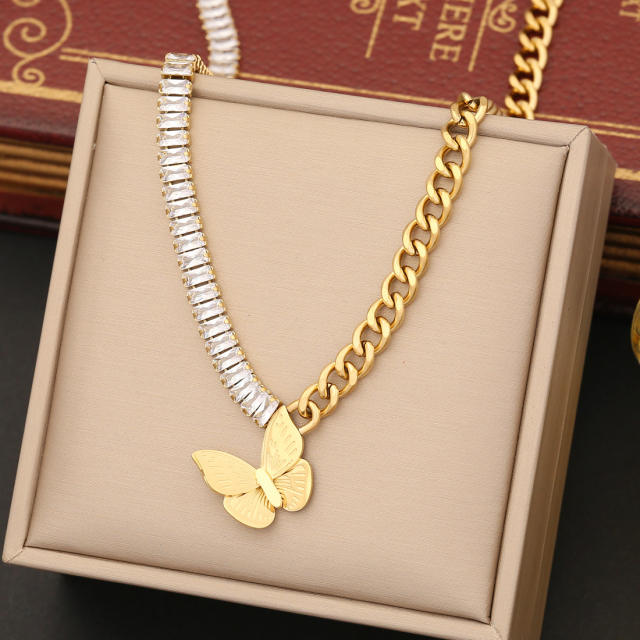 Fashionable butterfly charm asymmetric stainless steel necklace set