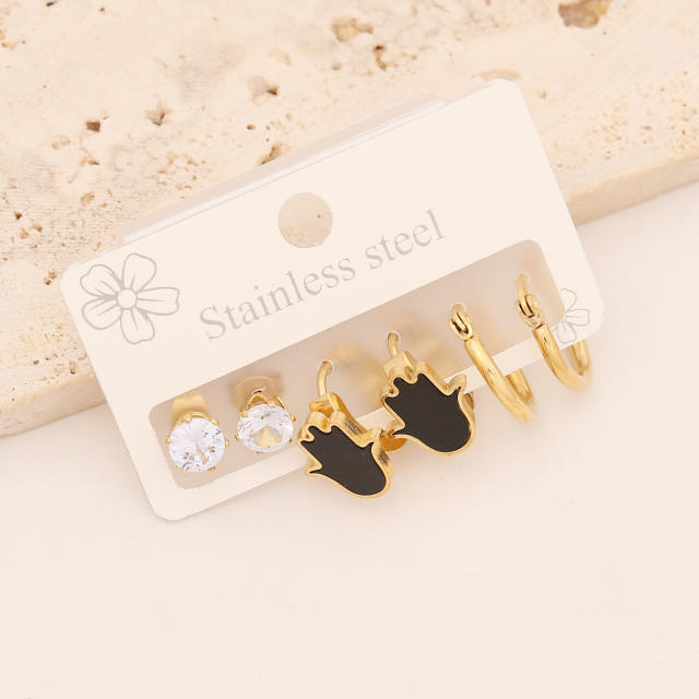 Personality black enamel heart stainless steel huggie earring set