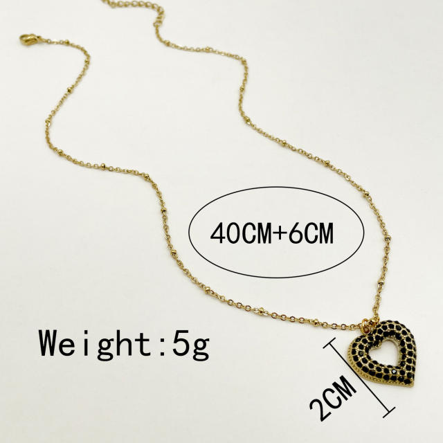 Easy match color rhinestone hollow heart pendant stainless steel necklace