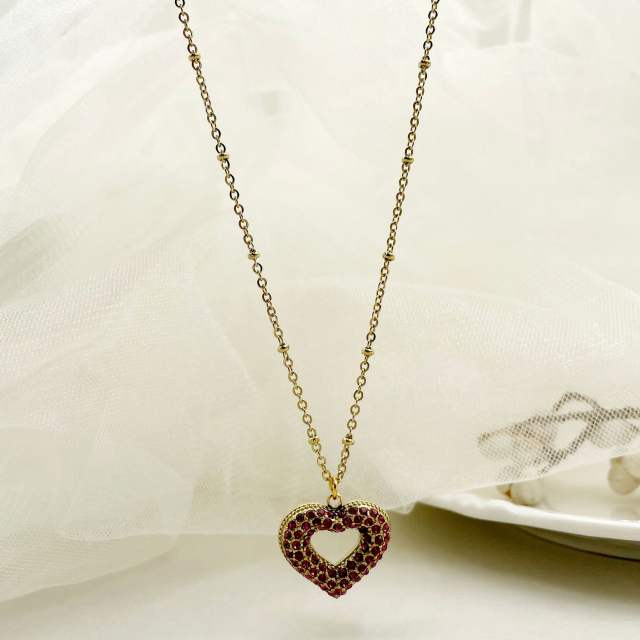 Easy match color rhinestone hollow heart pendant stainless steel necklace