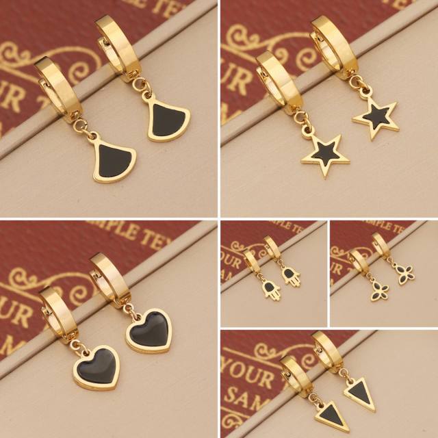 Black enamel butterfly star stainless steel huggie earrings