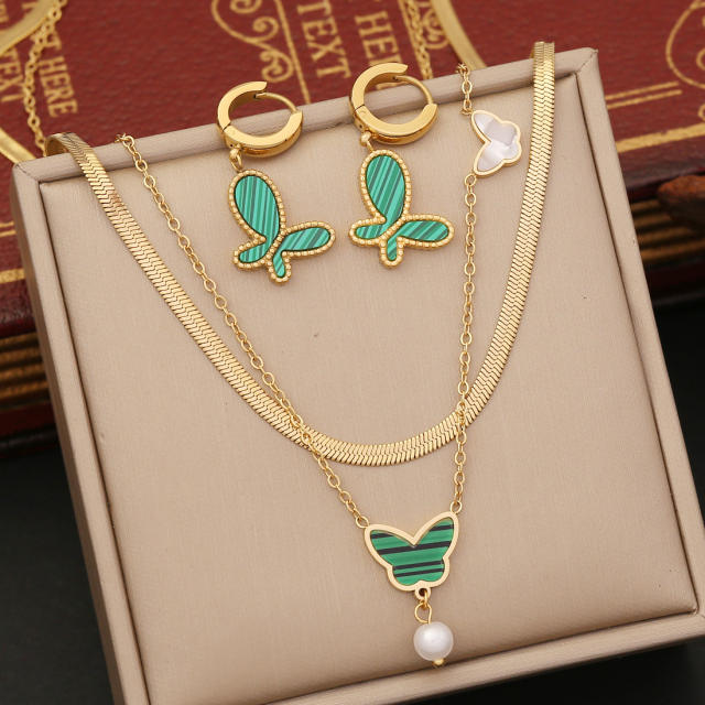 Green butterfly charm two layer stainless steel necklace set