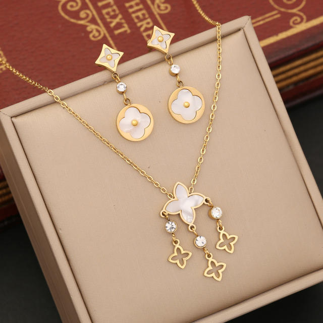 Classic mother shell clover stainless steel necklace set