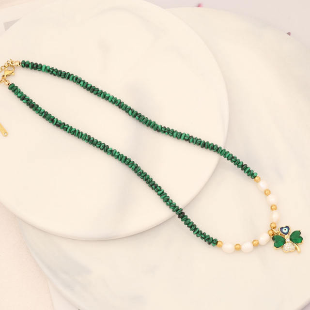 Creative cubic zircon copper clover charm bead necklace set