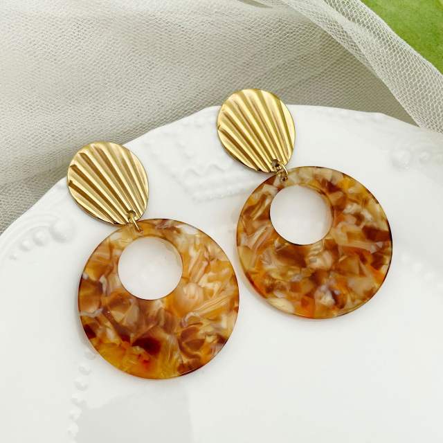Boho amber color acrylic circle stainless steel needle earrings