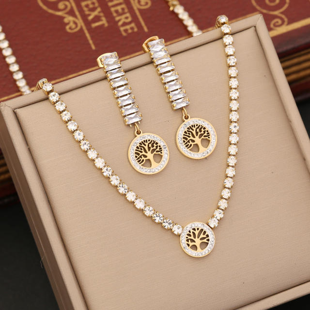 Delicate diamond life tree tennis chain stainless steel necklace set
