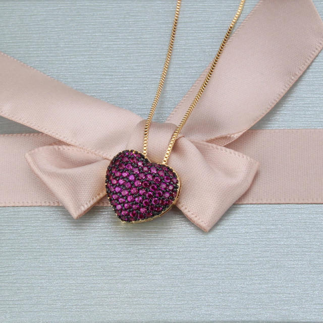 Elegant full color cubic zircon heart pendant copper necklace