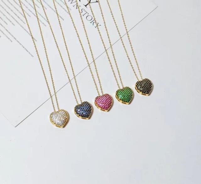 Elegant color cubic zircon pave setting heart pendant necklace