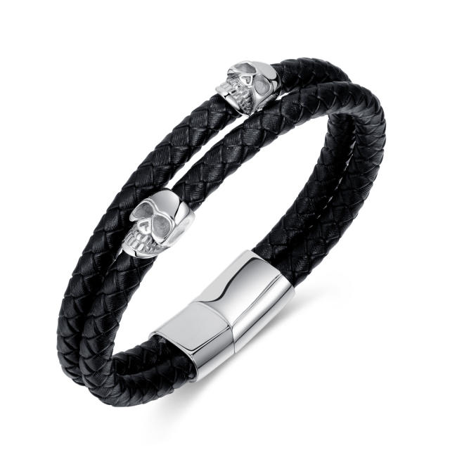 Hiphop stainless steel skull head PU leather men bracelet