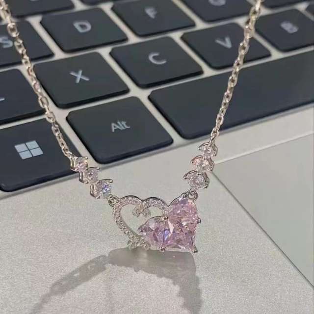 Sweet pink cubic zircon heart copper necklace