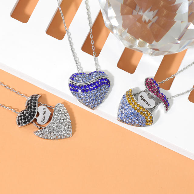 Delicate color cubic zircon pave setting locket heart stainless steel engrave necklace