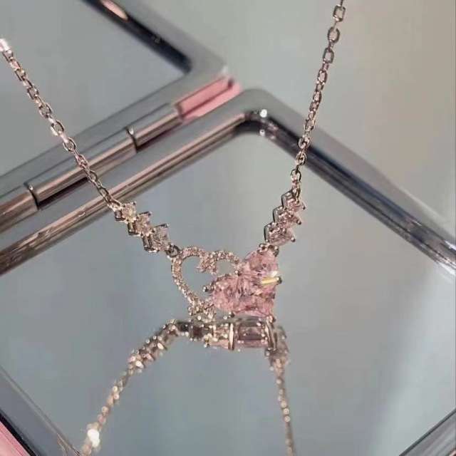 Sweet pink cubic zircon heart copper necklace