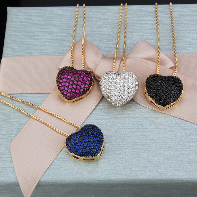 Elegant full color cubic zircon heart pendant copper necklace