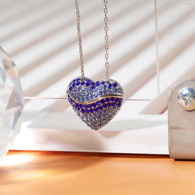 Delicate color cubic zircon pave setting locket heart stainless steel engrave necklace