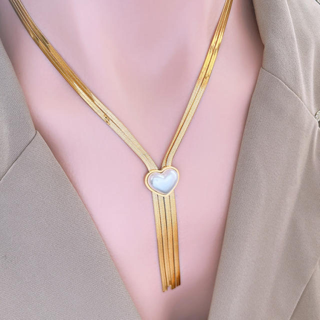 Elegant snake chain tassel big heart stainless steel necklace set