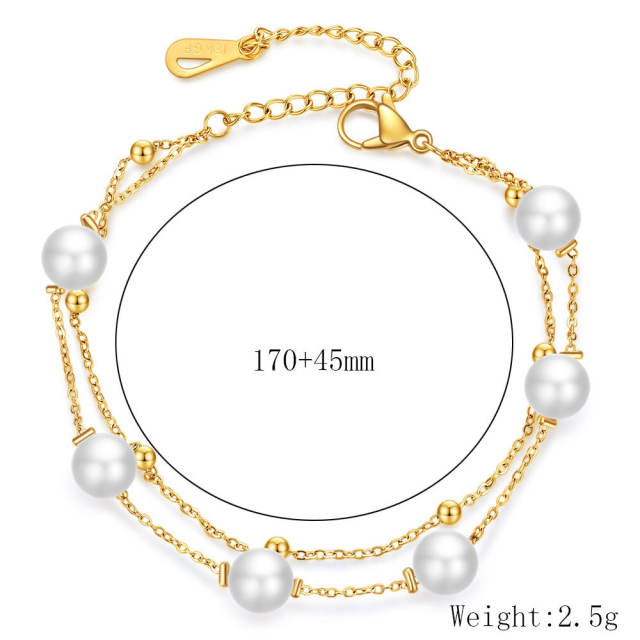 Korean fashion pearl bead two layer dainty stainless steel bracelet