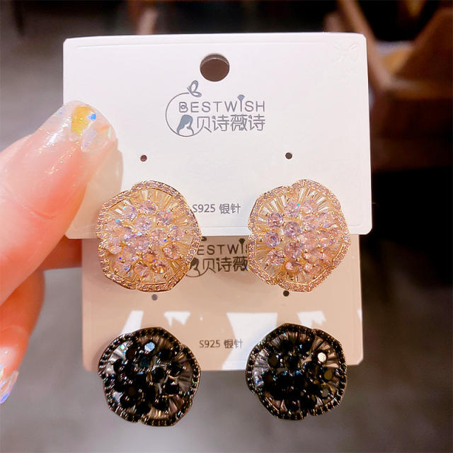 Elegant pink black cubic zircon flower copper studs earrings