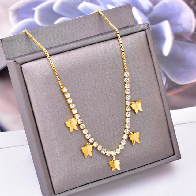 Fashionable diamond butterfly charm stainless steel necklace