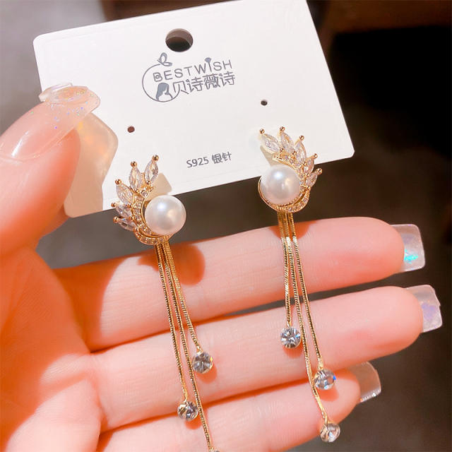 925 needle personality pearl diamond tassel earrings