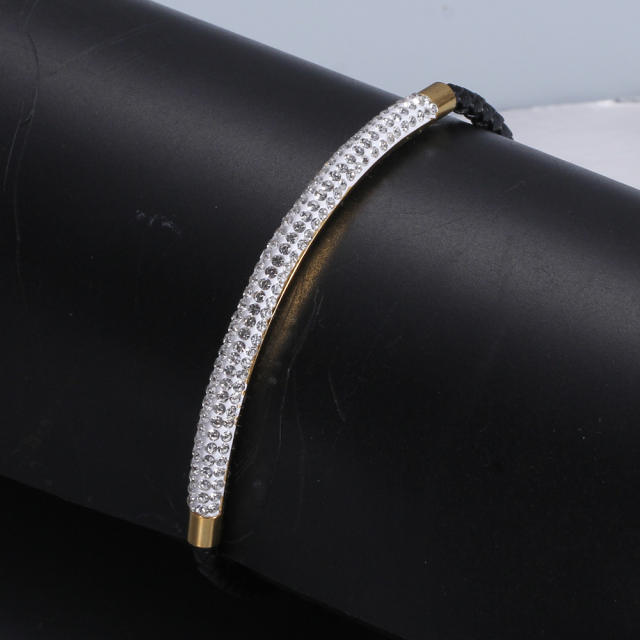 Popular diamond stainless steel black PU leather braid bracelet