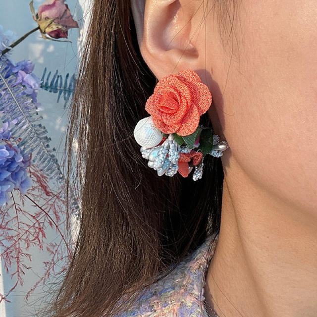 Creative boho fabric flower open hoop earrings