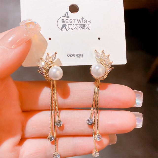 925 needle personality pearl diamond tassel earrings