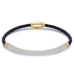 Popular diamond stainless steel black PU leather braid bracelet