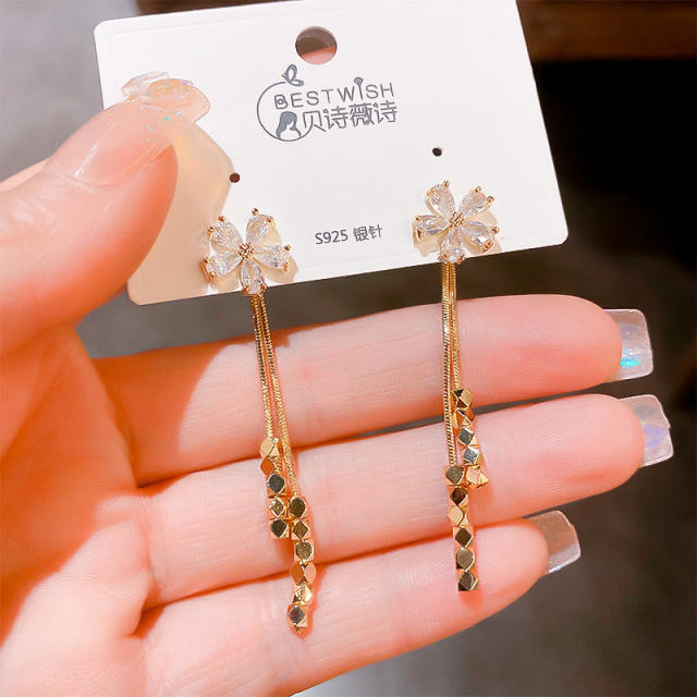 Elegant gold plated copper cubic zircon flower chain tassel jacket earrings