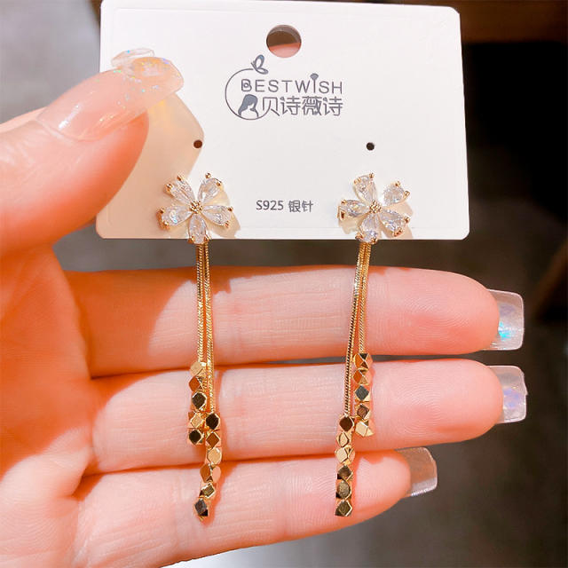 Elegant gold plated copper cubic zircon flower chain tassel jacket earrings