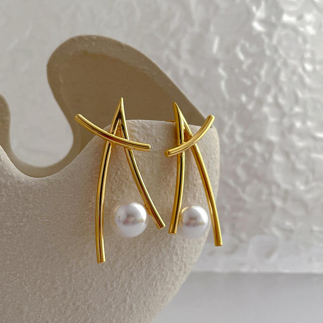 Korean fashion unique gold color line cross pearl copper studs earrings