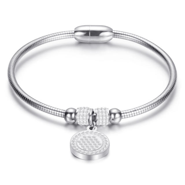Creative pave setting rhinestone diamond round charm stainless steel bracelet
