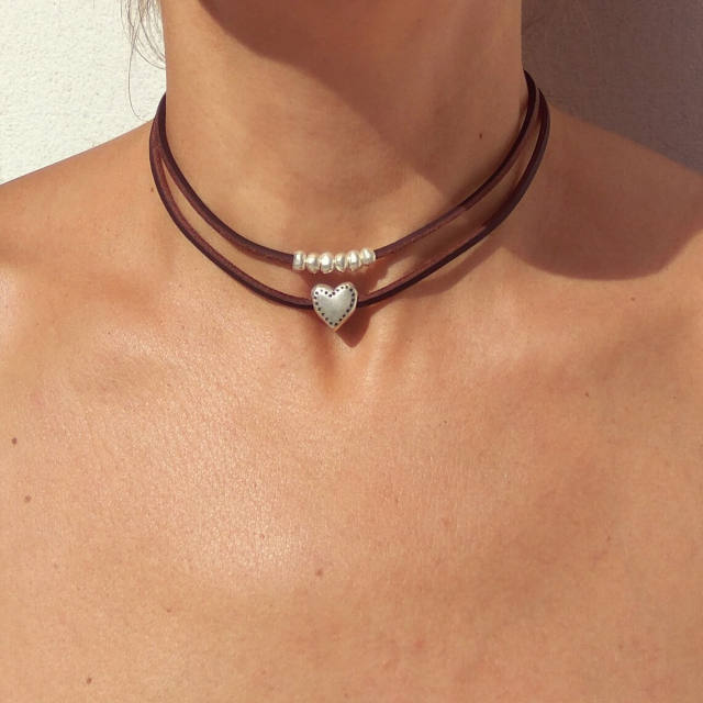 Boho two layer velvet heart bead choker