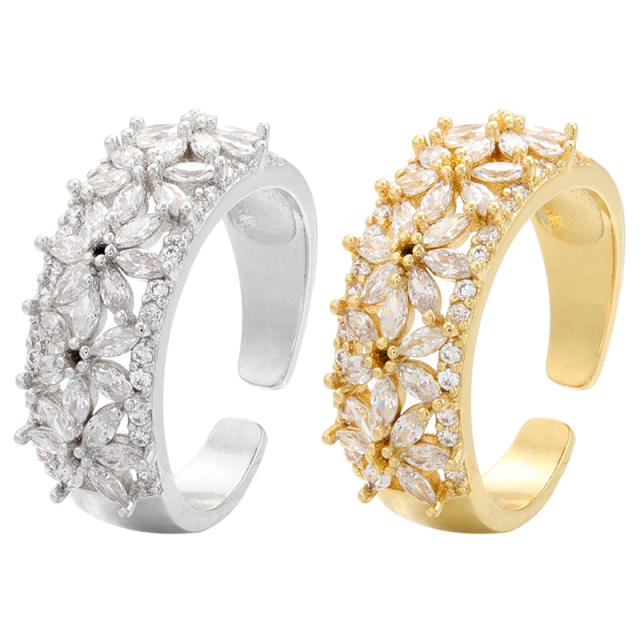 Delicate cubic zircon flower gold plated copper adjustable rings