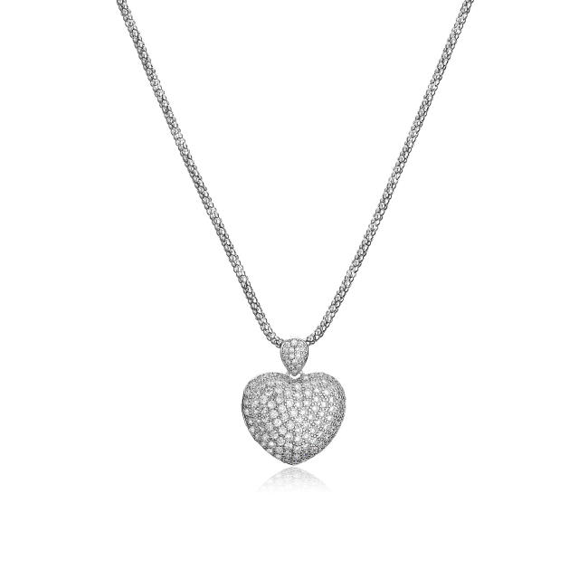 Luxury pave setting cubic zircon heart pendant copper necklace