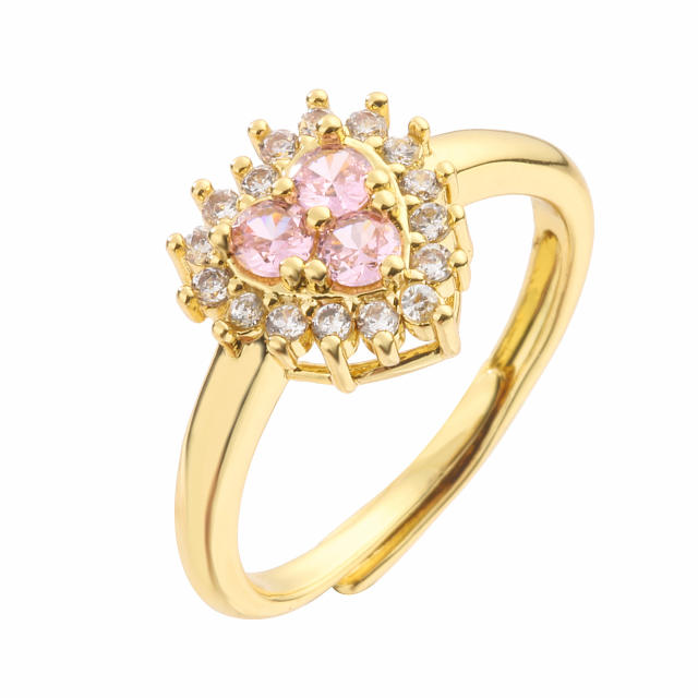 Fashionable pink cubic zircon heart copper adjustable rings