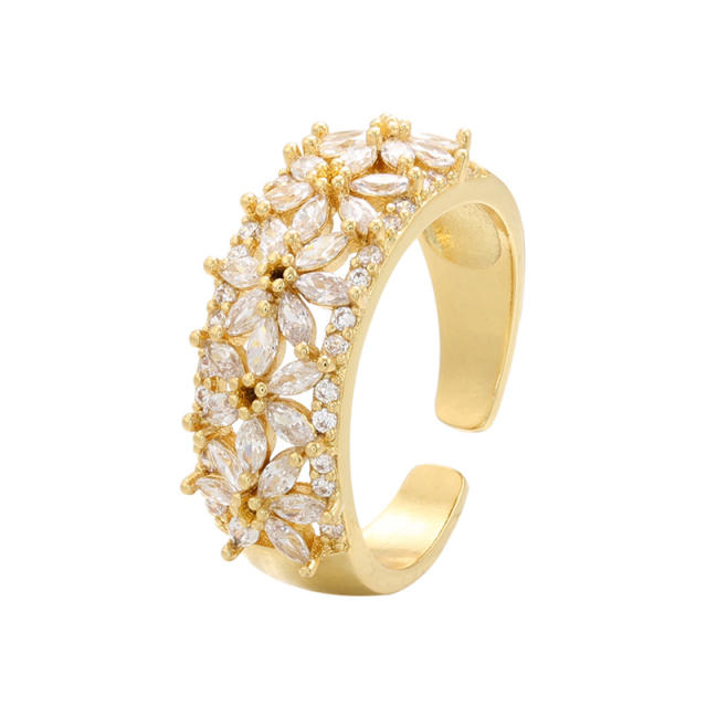 Delicate cubic zircon flower gold plated copper adjustable rings