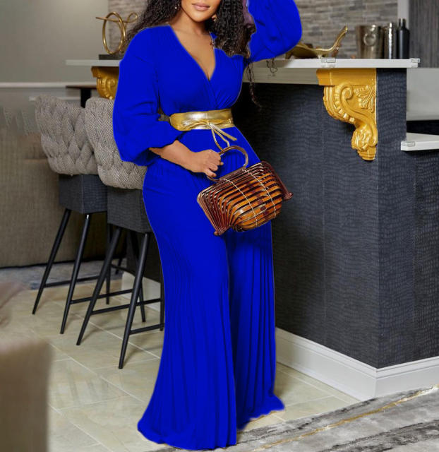 Plus size plain color V neck jumpsuit