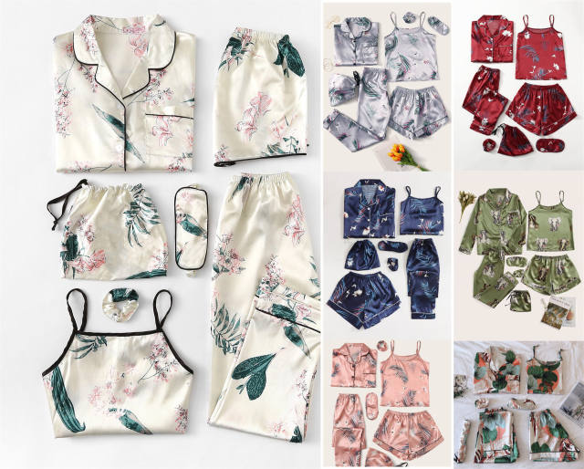 7pcs satin color printing pajamas set