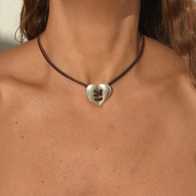 Boho wax rope silver heart choker necklace