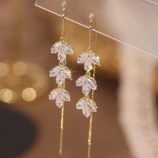 Elegant cubic zircon leaf threader earrings