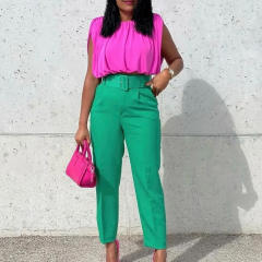 Plain color high waist pants with belt