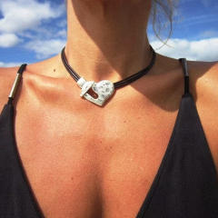 Boho handmade black pu leather silver heart choker necklace