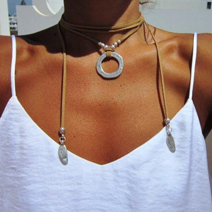 Boho silver color metal circle layer choker necklace