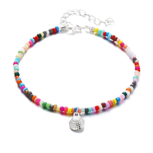 Boho colorful seed bead shell charm anklet