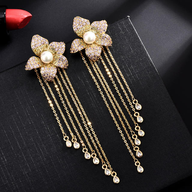 925 needle delicate pave setting cubic zircon flower chain tassel copper earrings